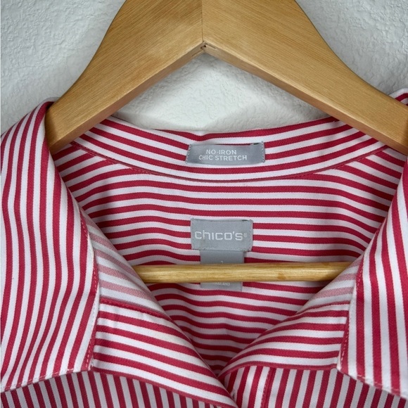 Chicos Pink and White No Iron Stretch Striped Button Back Tunic Collared - Picture 4 of 6